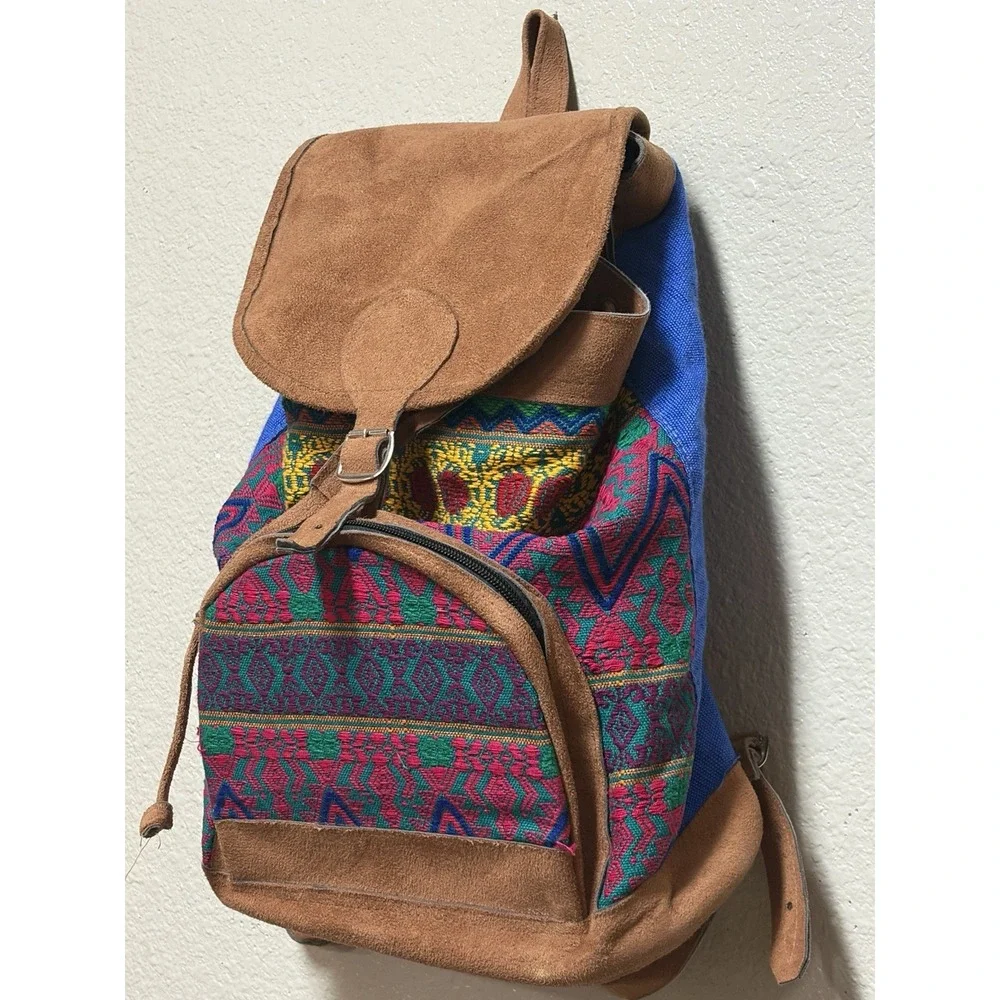 Multicolor Geometric Bohemian Backpack Drawstring Buckle Zip Pockets Women's